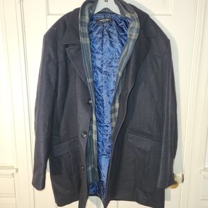 Kenneth Cole Navy Pea Coat with Blue Plaid Removable Scarf